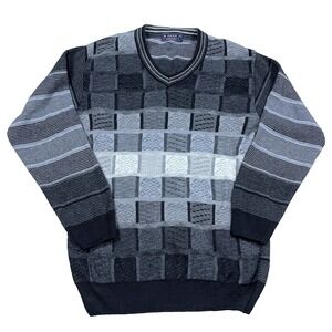 Vintage Grandpa Sweater Men Large Gray Black Geometric Knit Crewneck Textured